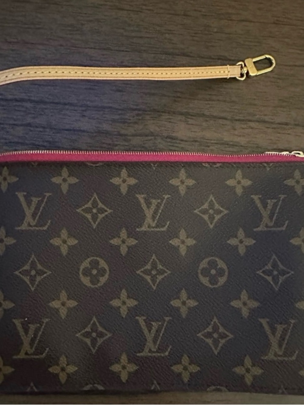 Luxury Monogram Wristlet pouchette in Brown with Pink Trim
